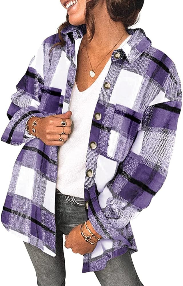 SHEWIN Womens Long Sleeve Plaid Shirts Flannel Lapel Button Down Shacket Jacket Coats | Amazon (US)