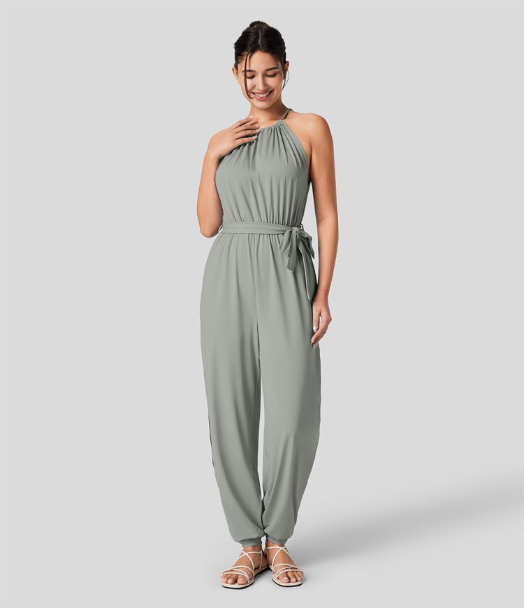 Sleeveless Tie Back Plicated Belted Side Pocket Cut Out Cool Touch Resort Jumpsuit | HALARA