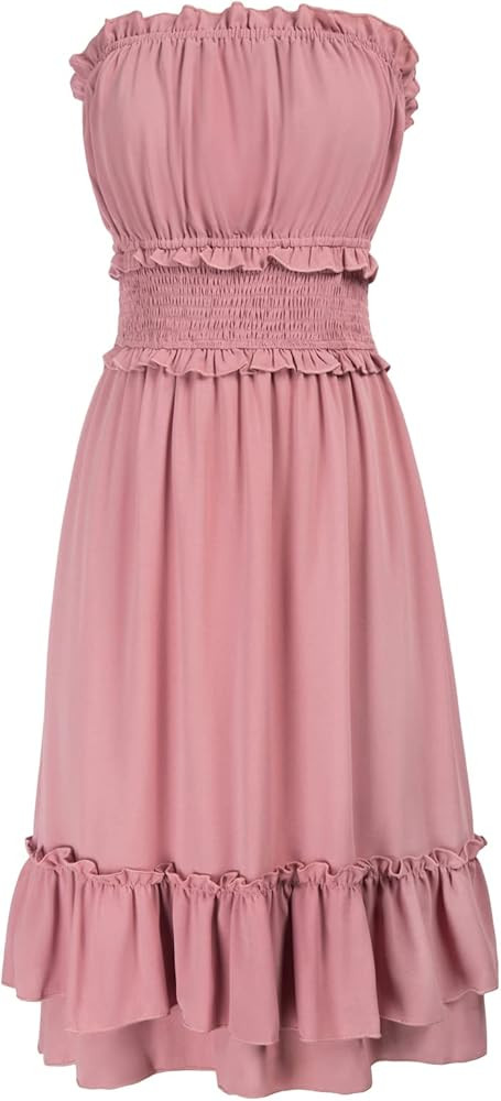 GRACE KARIN Women's Summer Strapless Dress Cute Smocked Ruffle Casual Beach Midi Dress(S-2XL) | Amazon (US)
