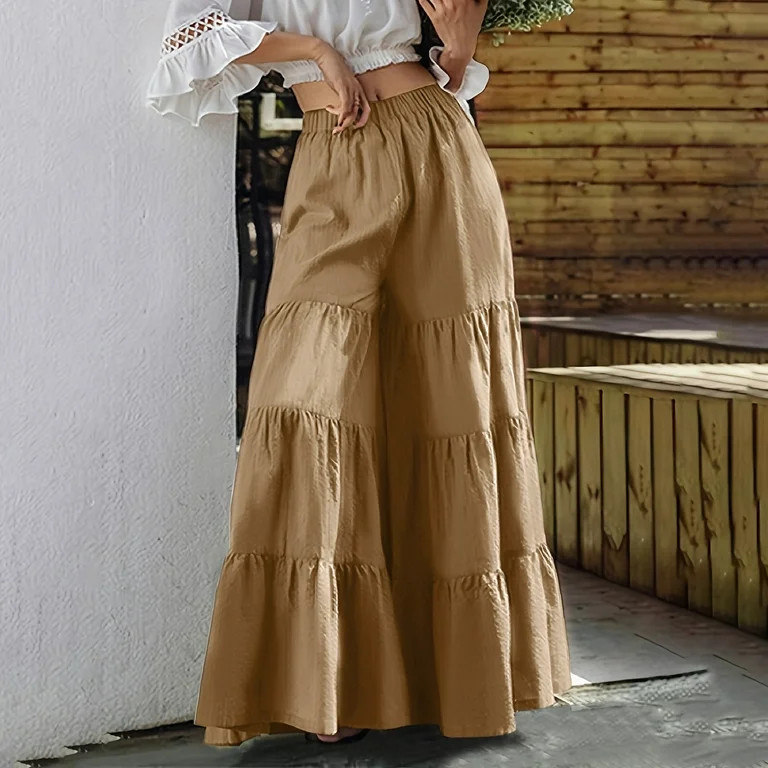 Women's Tiered Ruffle Hem Wide Leg Pants Elastic Waist Flowy Palazzo Boho Pants Womens plus Size ... | Walmart (US)