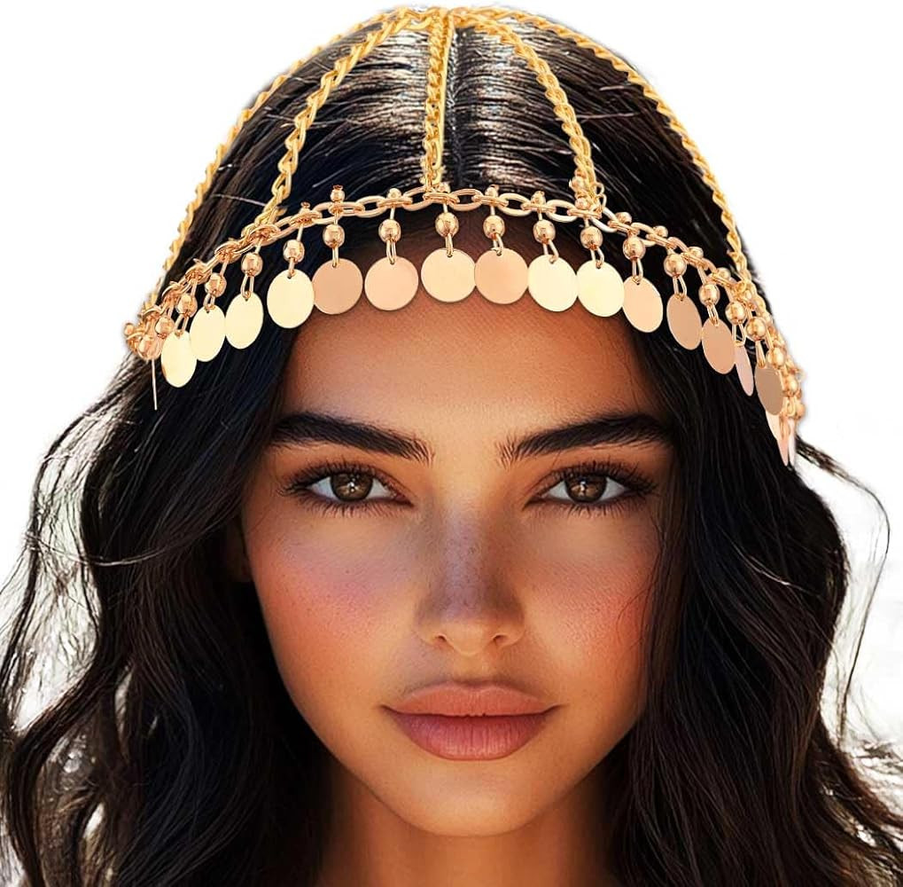 JAKAWIN Egyptian Headpiece Gold Sequin Head Chain for Women | Amazon (US)