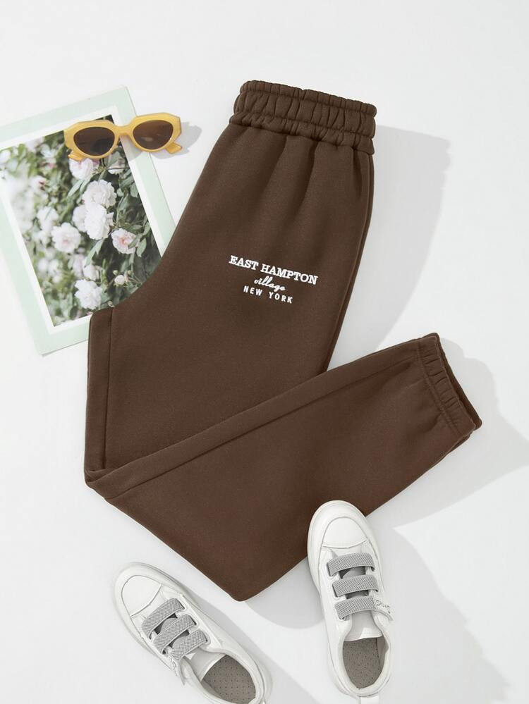 Letter Embroidery Elastic Waist Thermal Lined Sweatpants | SHEIN