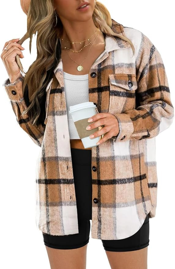 AUTOMET Womens Casual Plaid Shacket Wool Blend Button Down Long Sleeve Shirt Fall Jacket Shackets | Amazon (US)