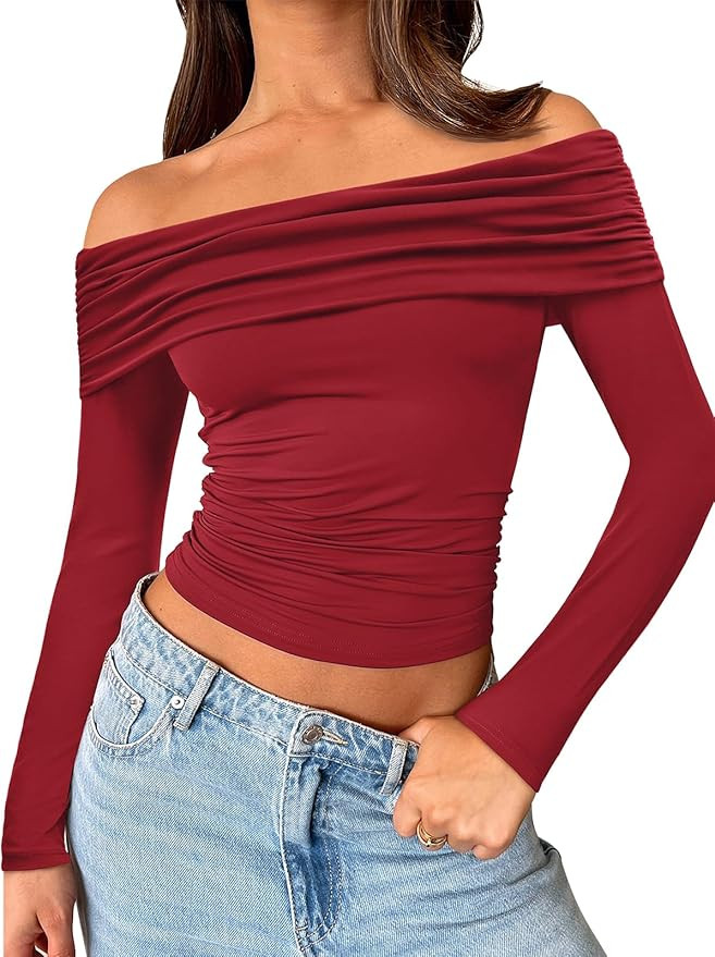Trendy Queen Women Long Sleeve Shirts Off Shoulder Tops Going Out Crop Sexy Slim Fitted Y2K Fall ... | Amazon (US)
