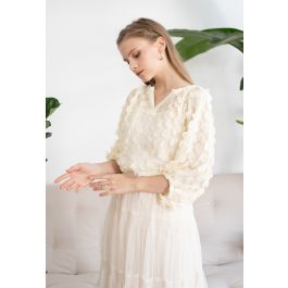 3D Clover Sheer Puff Sleeves V-Neck Top in Cream | Chicwish