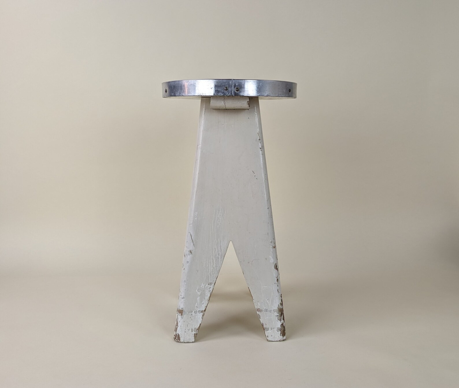 Vintage French Painted Teak Wood Stool With Aluminum Metal Band, Mid Century Modernist Furniture ... | Etsy (US)