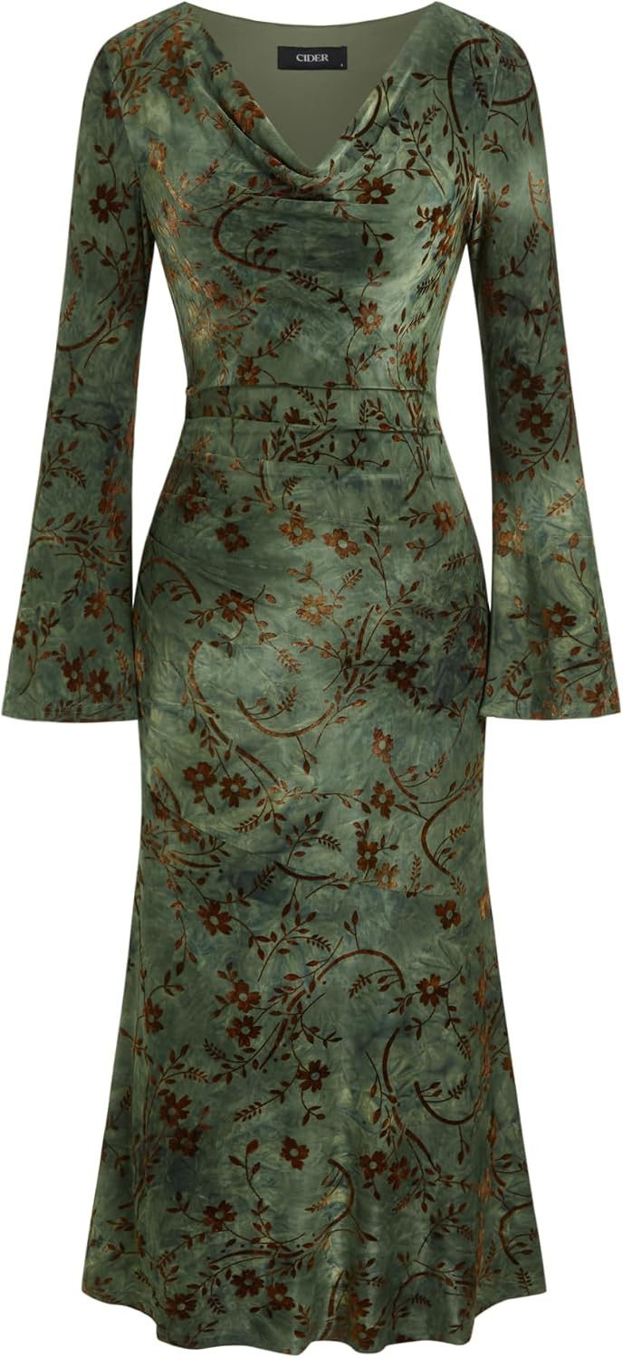 CIDER Floral Velvet Midi Dress Cowl Neck Long Sleeve | Amazon (US)