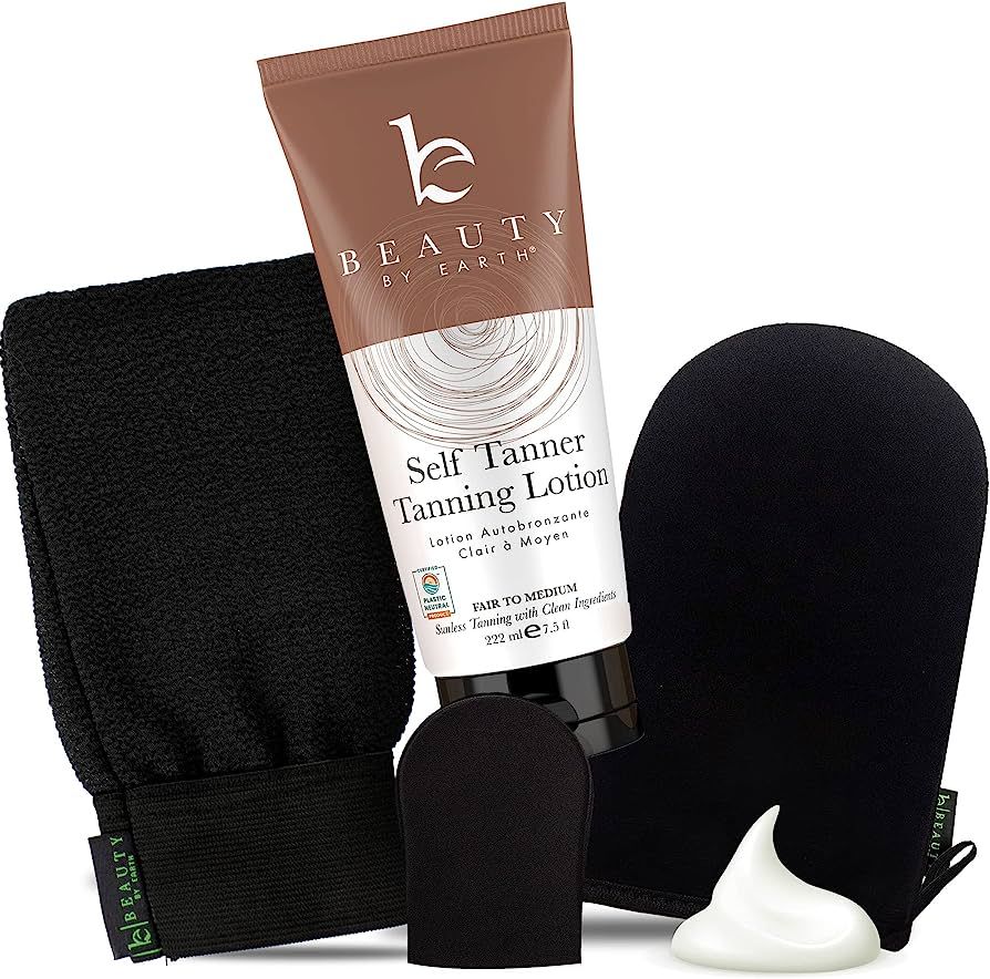 Self Tanner Bundle - Self Tanning Lotion with Self Tanner Mitt, Exfoliating Glove and Face Lotion... | Amazon (US)