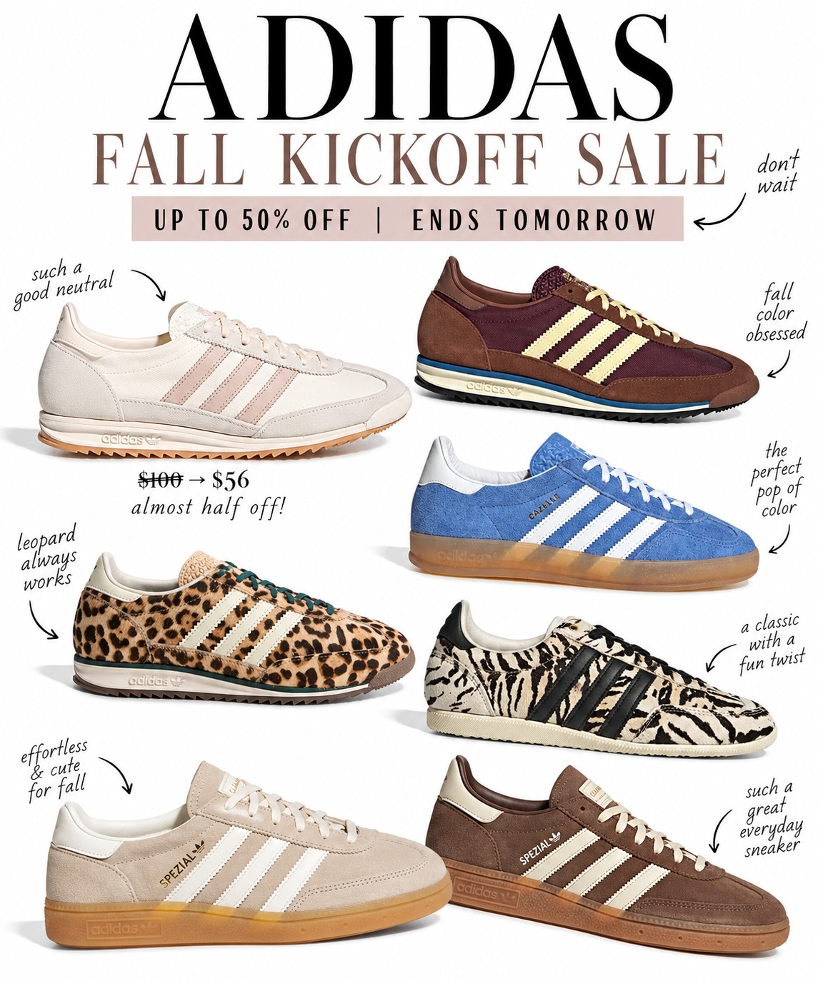 The adidas Fall Kickoff Sale is GOOD. 👟 Up to 50% off some of the sneakers already on your fall wishlist, including a pair marked down from $100 to just $56.
But don’t sit on these prices… the sale ends TOMORROW. Sharing my favorite pairs before the good sizes disappear.
#adidas #adidasstyle #fallstyle #sneakerstyle #fallfashion 

 #LTKSaleAlert