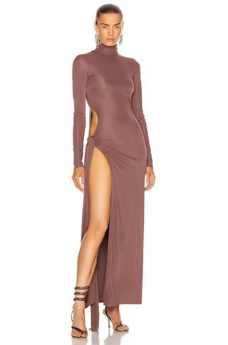 THE ATTICO Long Sleeve Ruched Maxi Dress in Brown | FWRD | FWRD 