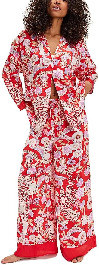 Womens Y2k Silk Pajama Sets Floral Print Long Sleeve Button Down Shirts Wide Leg Pants 2 Piece Lo... | Amazon (US)