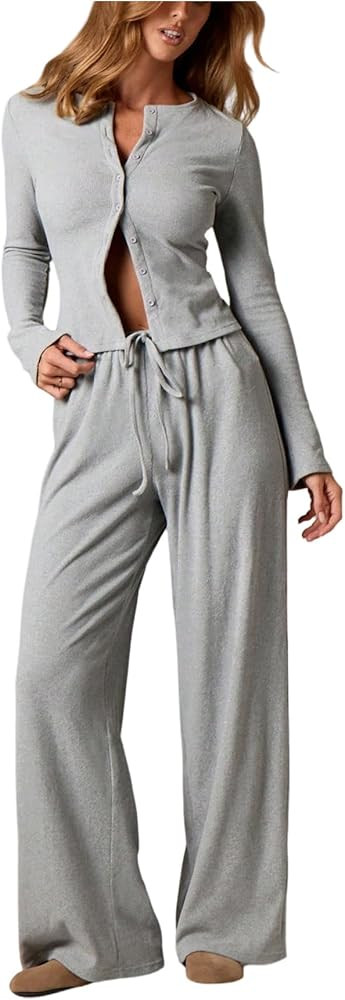 Milumia Women's 2 Piece Outfits Ribbed Long Sleeve Button Up Cardigan and Wide Leg Pants Lounge S... | Amazon (US)