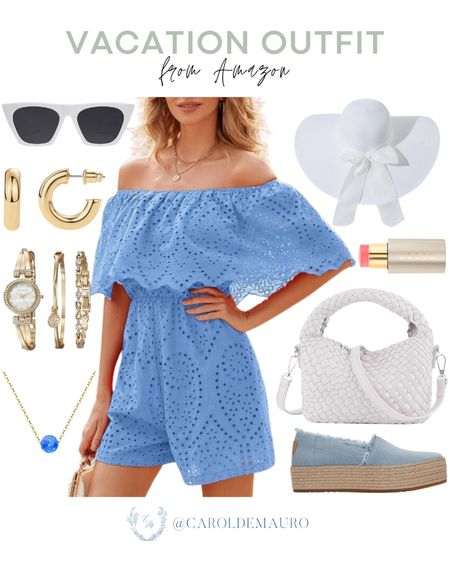 Grab this stylish blue off-shoulder romper paired with slip-ons, a white handbag, and more that are perfect to wear on your next vacation trip!
#amazonfinds #traveloutfit #affordablefinds #resortwear

#LTKSeasonal #LTKstyletip #LTKtravel