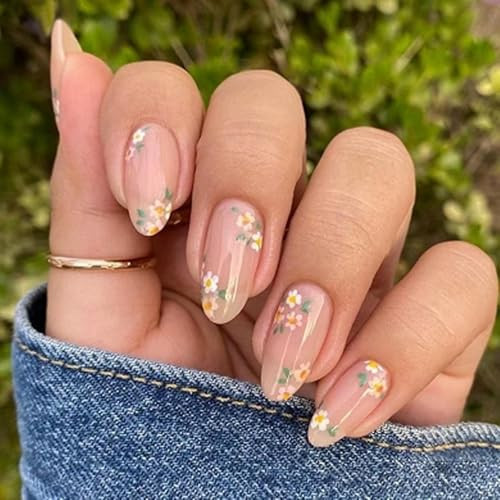 Small Flower Press on Nails Nude Full Cover Fake Nails Medium Almond False Nails with Design Spring Summer Nail Reusable Artificial Acrylic Stick on Nails for Women Manicure 24Pcs | Amazon (US)