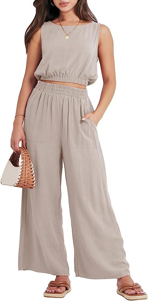 ANRABESS Women’s Summer 2 Piece Outfits Sleeveless Round Neck Crop Top Tank and High Waisted Pants J | Amazon (US)