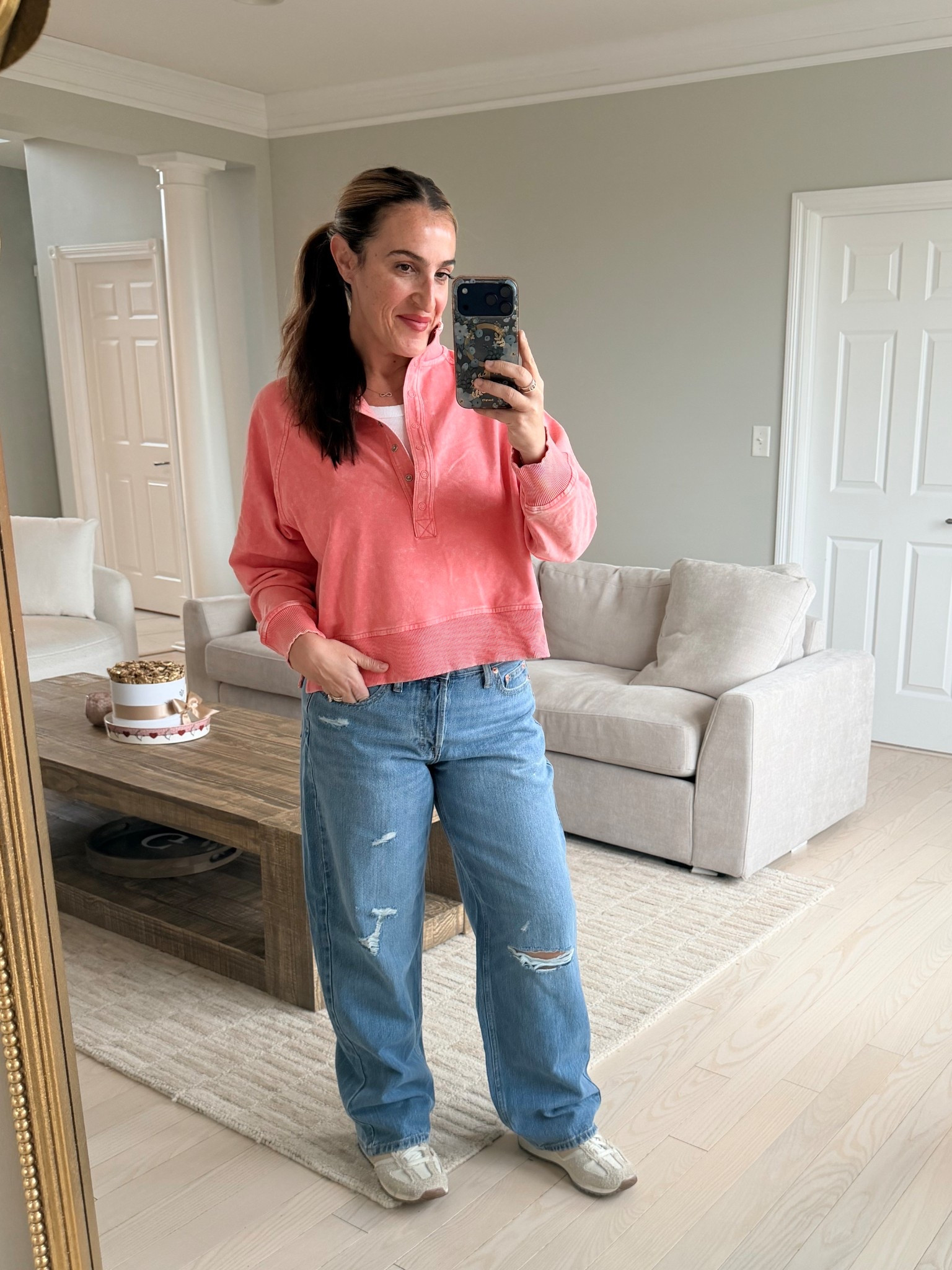 OOTD! 
This sweatshirt is so cute! I love the color! 
Jeans have no stretch which helps hold the belly in. I think both are tts
I’m in a medium and an 8. 

#LTKSeasonal #LTKootd #LTKOver40