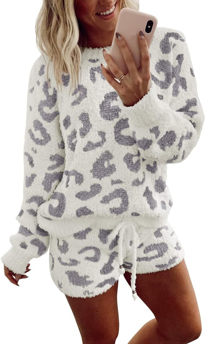 MEROKEETY Women's Fuzzy Fleece Leopard Long Sleeve Pajama Set 2 Piece Sweater Top and Shorts Loun... | Amazon (US)