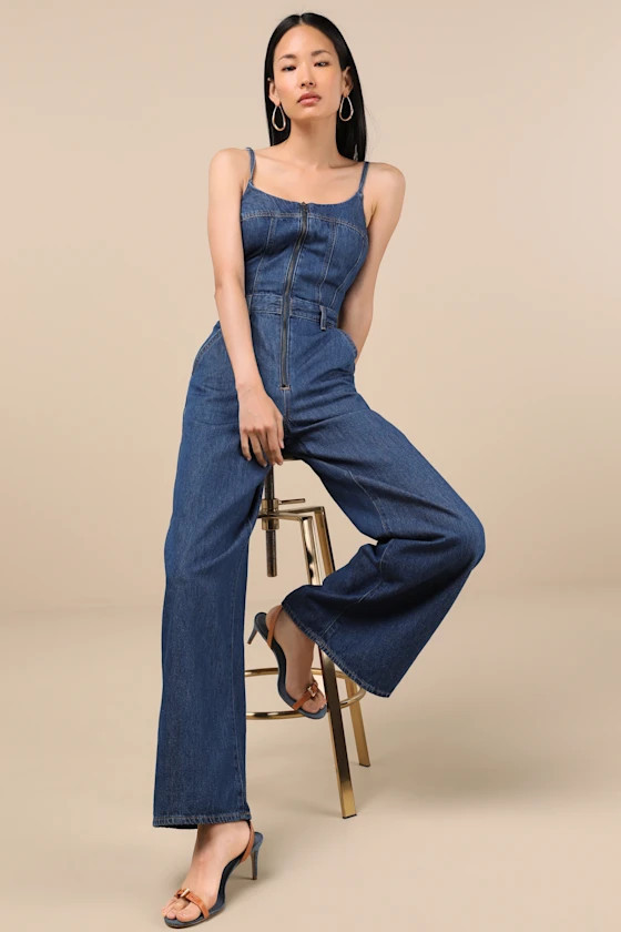 Bustier Dark Wash Zip-Front Wide-Leg Jumpsuit | Lulus