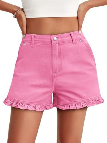 Aoysky Womens Summer Ruffle Denim Shorts Cute High Waisted Cotton Short Jeans with Pockets | Amazon (US)