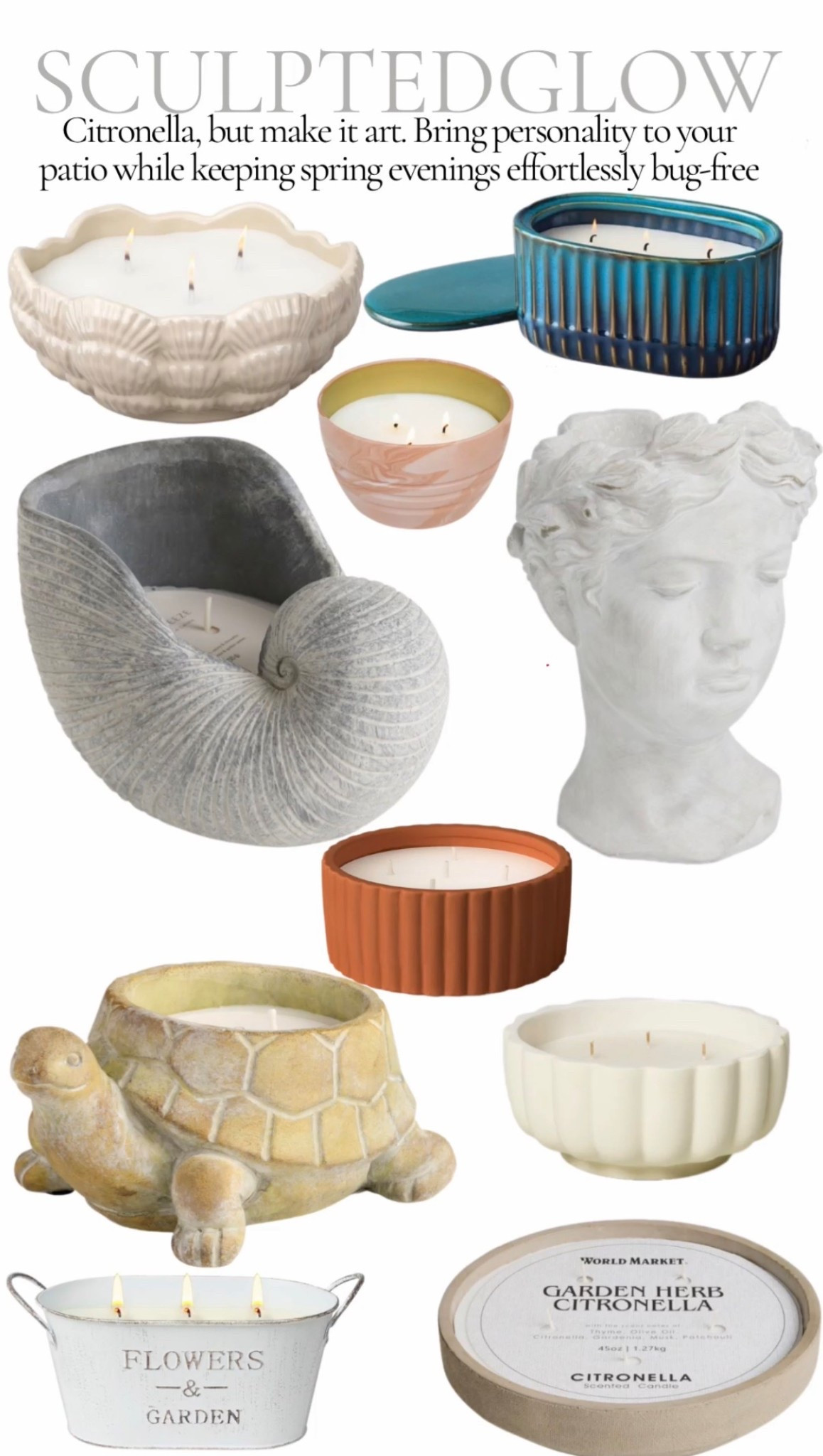 Citronella, but make it statement ✨

If you’re refreshing your outdoor space this season, these unique citronella candles are the chicest way to keep bugs away without sacrificing style. From sculptural goddess heads to turtle shapes, floral and herb-inspired designs, terra-cotta classics, and turquoise coastal accents, these candles double as decor pieces for a beautifully curated patio.

Perfect for spring patio styling, summer backyard entertaining, garden parties, porch decor, and outdoor table settings—they add ambiance, personality, and function all in one. Think elevated outdoor living with a collected, designer feel 🌿✨


unique citronella candles, decorative bug repellent, sculptural candles outdoor, patio decor ideas, spring patio refresh, summer backyard must haves, outdoor entertaining essentials, garden party decor, porch styling ideas, terrace decor, aesthetic outdoor living, Roman bust decor, terra cotta outdoor decor, coastal accents, colorful patio decor, statement candles, outdoor ambiance lighting

#LTKHome #LTKSeasonal