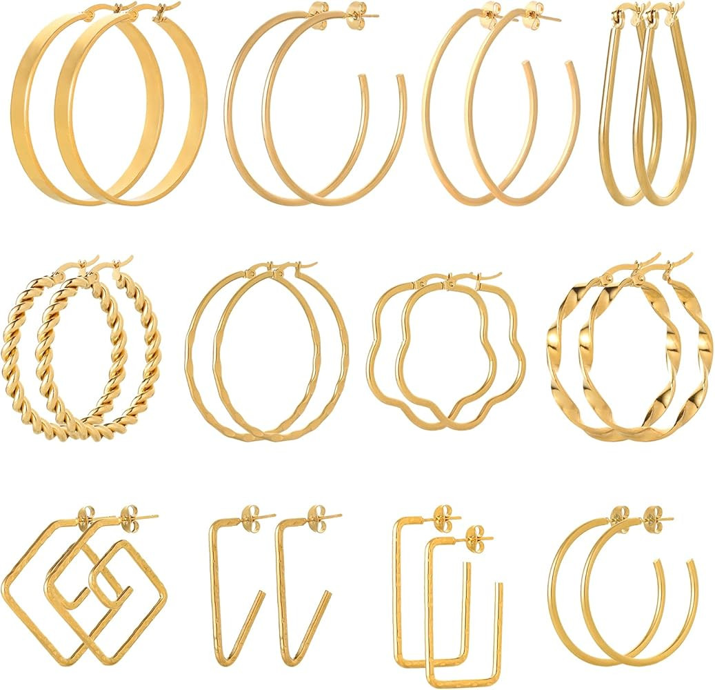 Starain 12Pcs Gold Open Hoop Earrings for Women Lightweight Stainless Steel Circle Twisted Chunky Ho | Amazon (US)