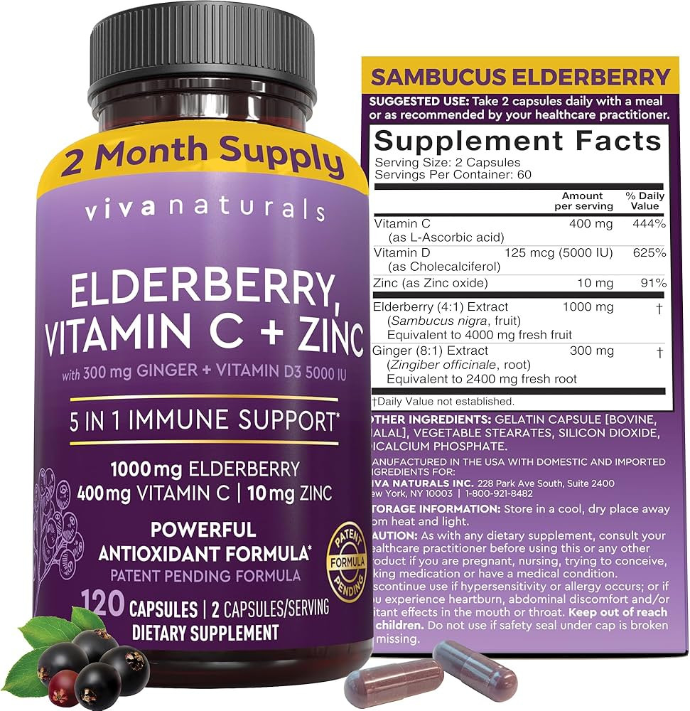Amazon.com: Viva Naturals Elderberry with Vitamin C and Zinc for Adults - 5 in 1 Sambucus Black E... | Amazon (US)