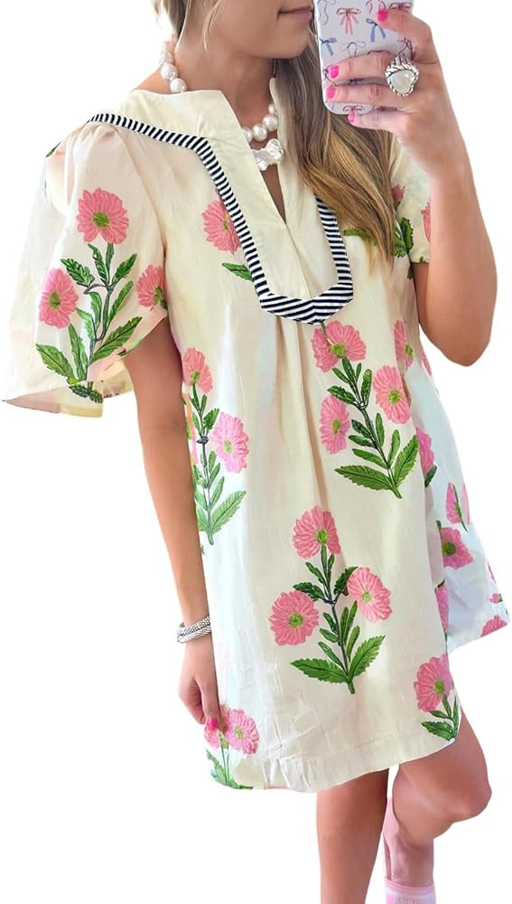 Women's Boho Floral Mini Dresses Short Sleeve Striped Split Neck Loose Peasant Summer Dress with ... | Amazon (US)