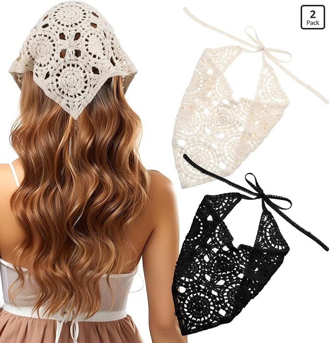2 pa\u00f1uelos de ganchillo de punto, bandanas de ganchillo huecas, diademas vintage, accesorios... | Amazon (US)