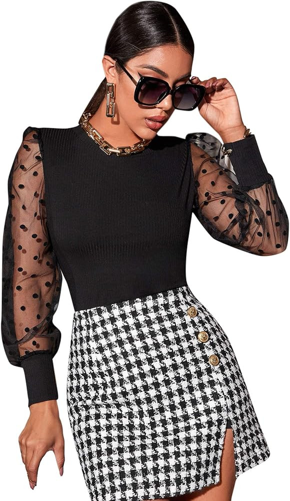SheIn Women's Round Neck Polka Dots Sheer Mesh Puff Long Sleeve Ribbed Tee Tops | Amazon (US)