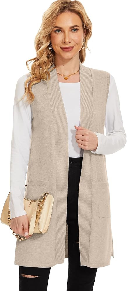 Moss Rose Long Vest for Women Sleeveless Lightweight Open Front Cardigans Ribbed Knit Outwear wit... | Amazon (US)