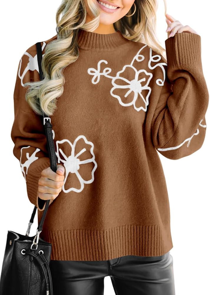 Saodimallsu Womens Mock Neck Sweaters Flower Knit Long Sleeve Casual Loose Fit Floral Pullover Sw... | Amazon (US)