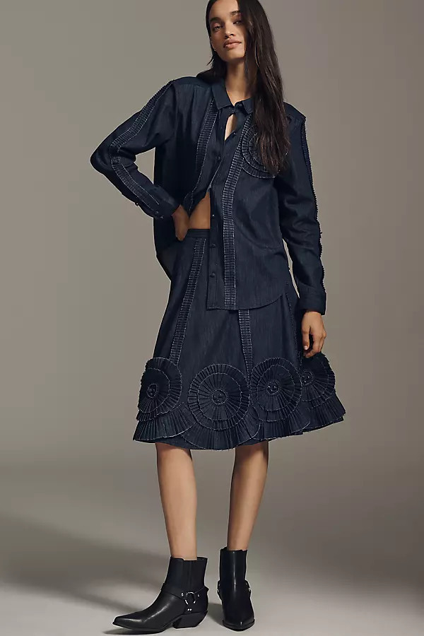 Pleated Appliqué Denim Midi Skirt | Anthropologie (US)