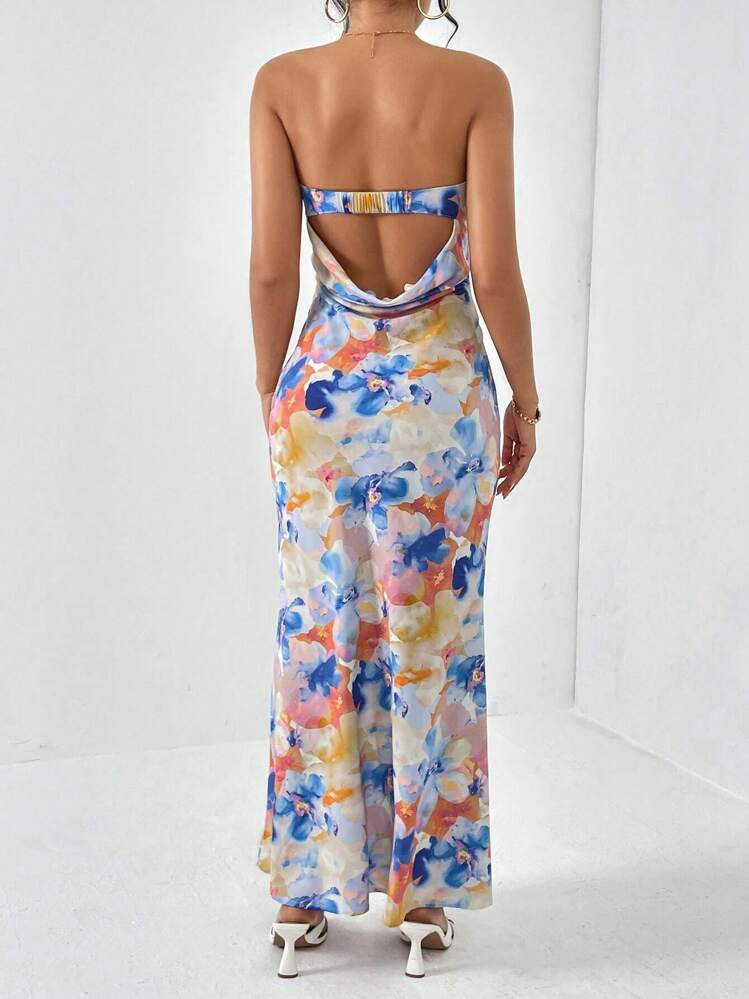 Firerie Spring Break Floral Print Draped Backless Tube Long Summer Dress,Summer Dresses For Women | SHEIN