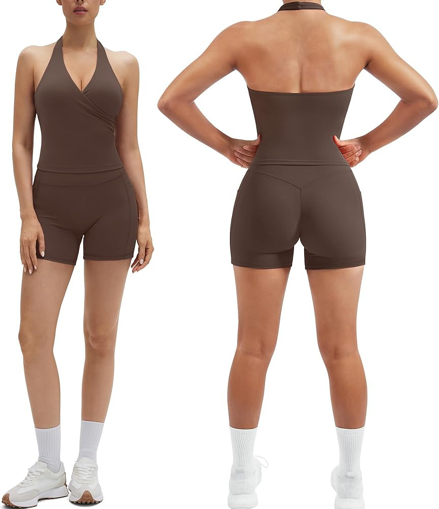 SUUKSESS Women 2 Piece Halter Open Back Workout Sets Padded Tank Top High Waisted Tummy Control B... | Amazon (US)