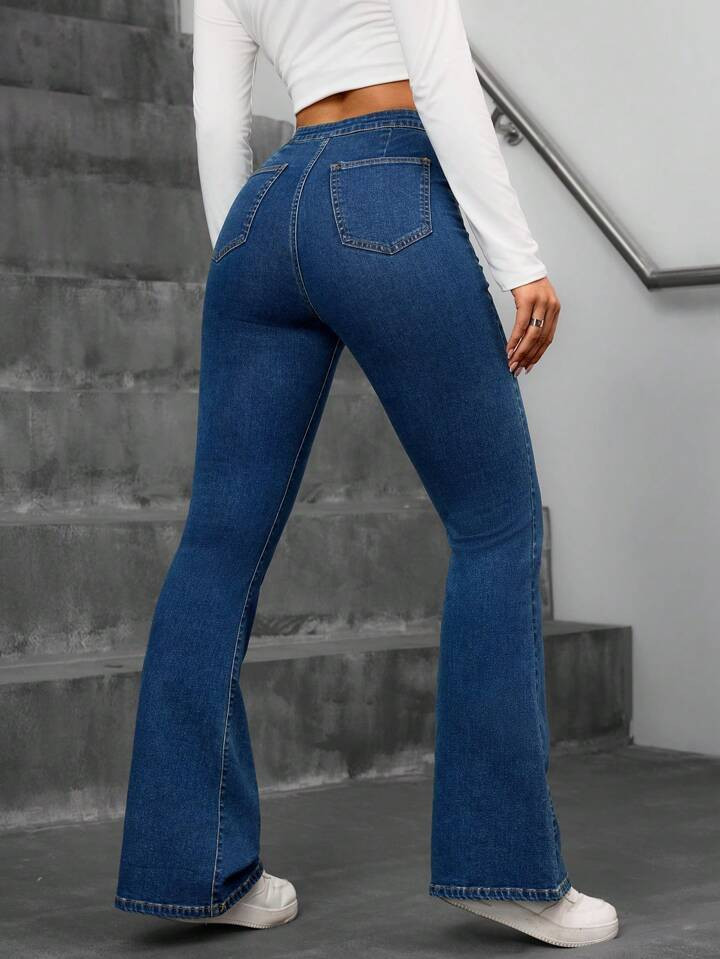 SHEIN ICON Solid Color Flared Button Closure Casual Versatile Jeans | SHEIN