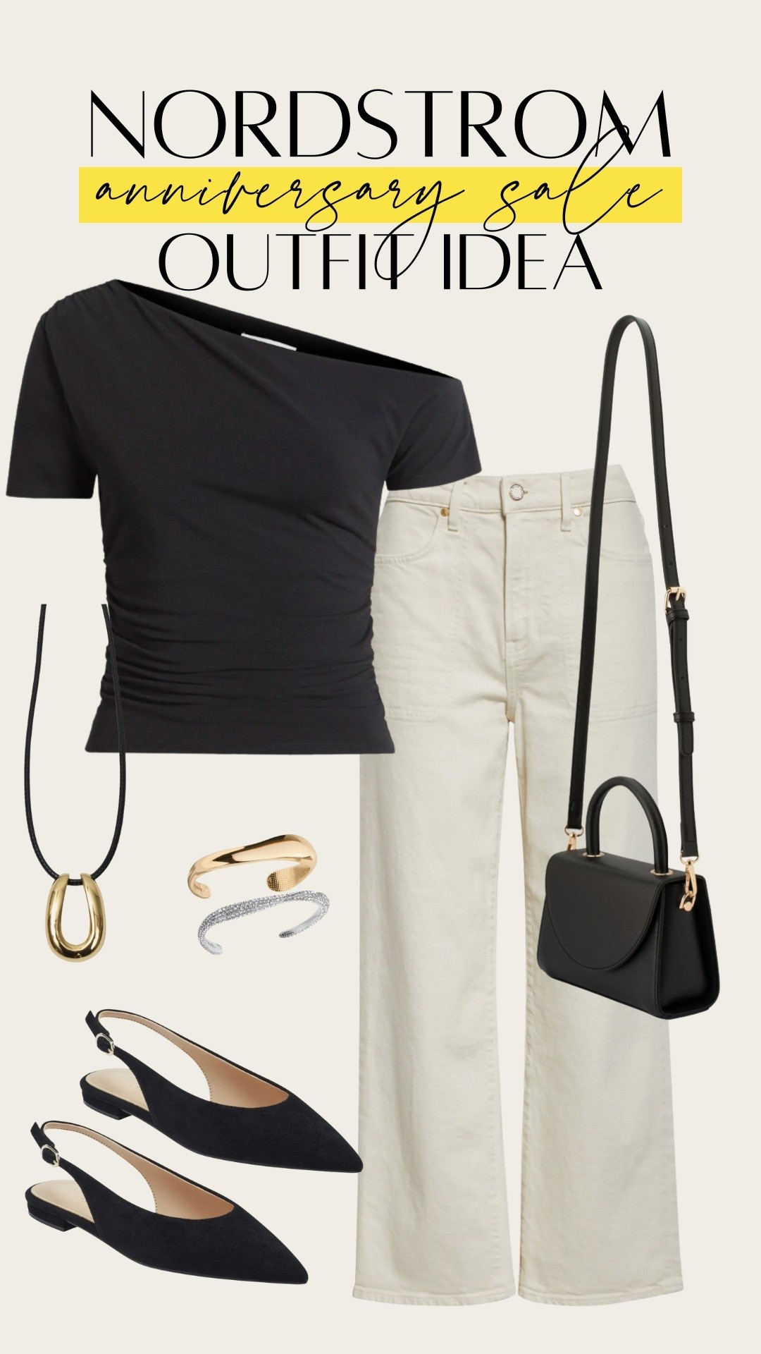 Black going out top, off the shoulder & white denim jeans. Can be worn for a dinner & drinks date night. Trendy statement black and gold necklace. Nordstrom Anniversary Sale / NSALE 2025

#LTKStyleTip #LTKPetite #LTKSaleAlert