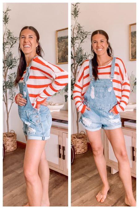 Bump friendly denim overalls from Revolve. Wearing small

Striped sweater is the perfect flowy fit, wearing small

July 4th outfit inspo 
Fourth of July outfit 
Short overalls 


#LTKFindsUnder100 #LTKSeasonal #LTKStyleTip