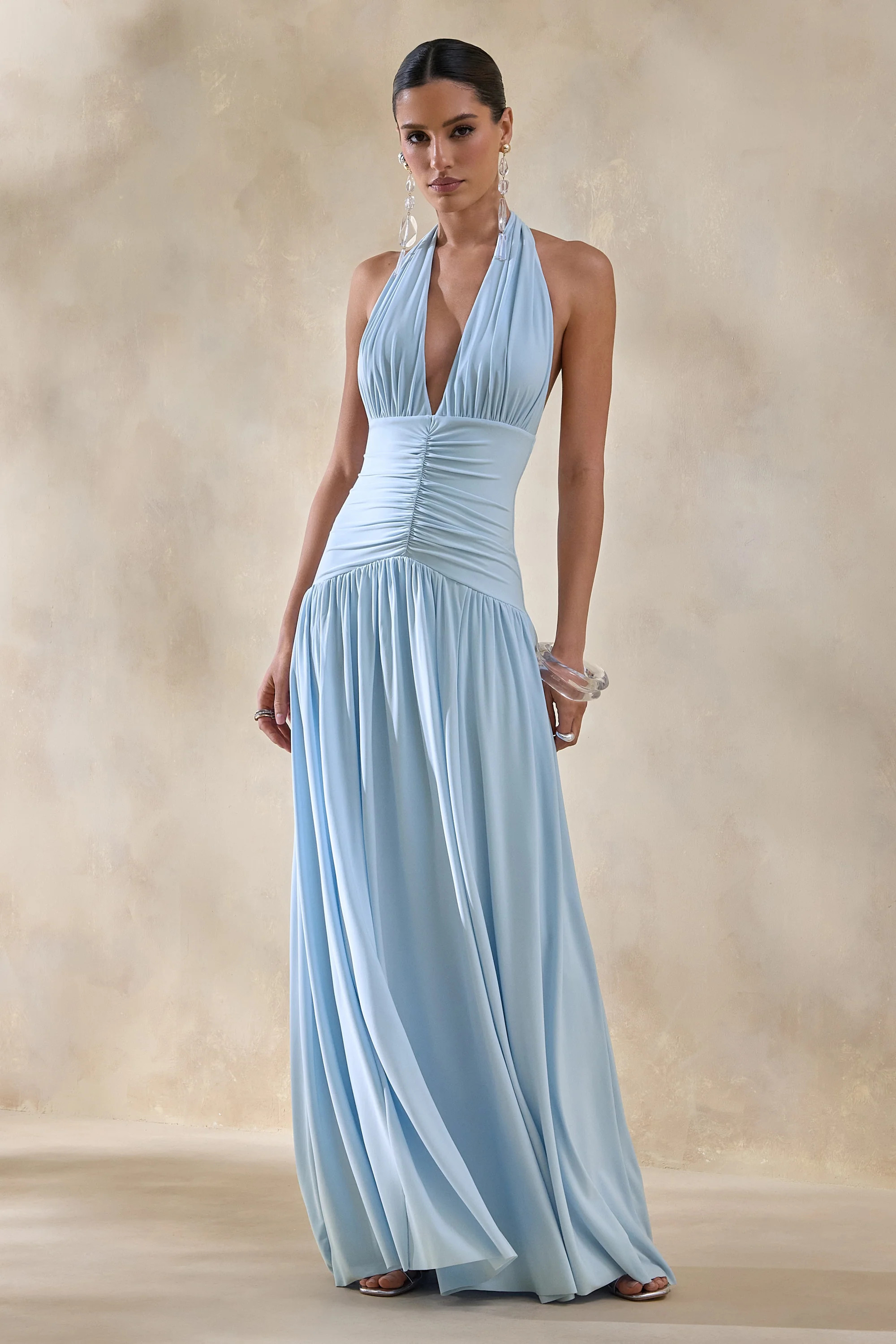 Bettina | Powder-Blue Plunge-Neck Maxi Dress With Gathered-Detailing | Club L London