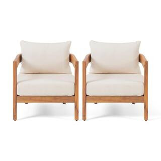 Noble House Brooklyn Teak Brown Removable Cushions Wood Outdoor Patio Lounge Chair with Beige Cus... | The Home Depot