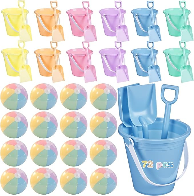 Lunmon 72 Pcs Beach Toys for Kids 24 Set Sand Buckets Shovels Bulk Pastel Beach Balls Inflatable ... | Amazon (US)
