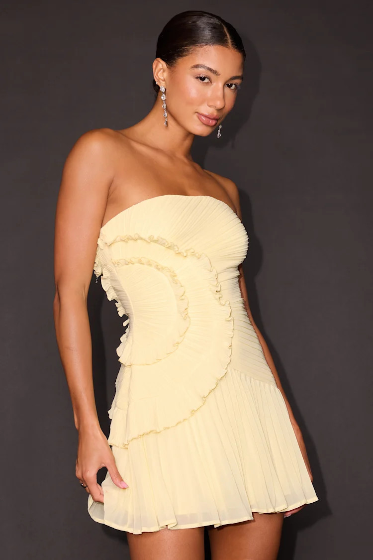 Brylee Butter Yellow Pleated Ruffled Strapless Mini Dress | Lulus