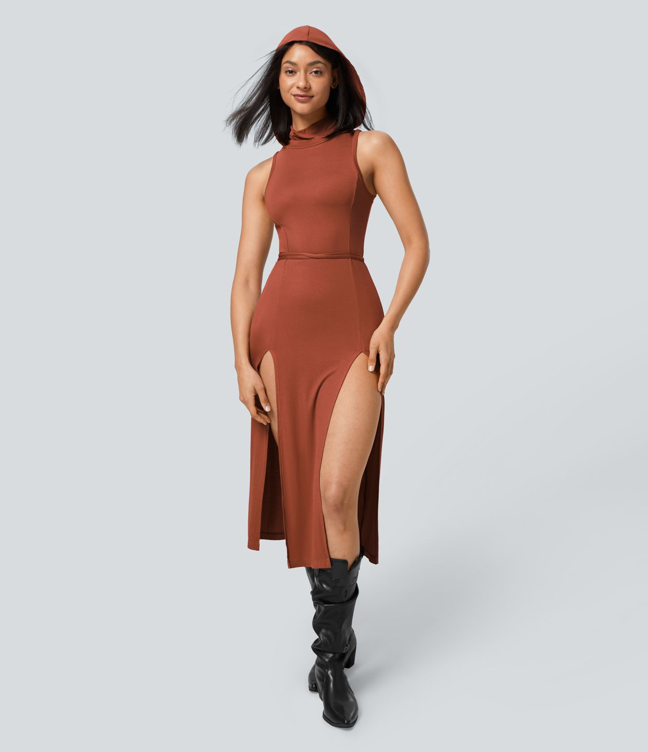 Women’s Ribbed Hooded High Neck Sleeveless Cut Out Tie Back Split 2-Piece Midi Casual Dress - H... | HALARA