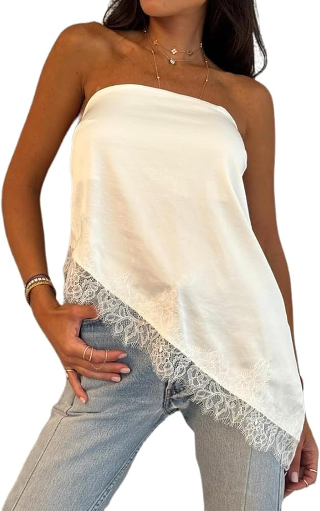 Women Satin Lace Tube Top Silk Strapless Backless Asymmetrical Bandeau Tops Sexy Y2k Going Out St... | Amazon (US)