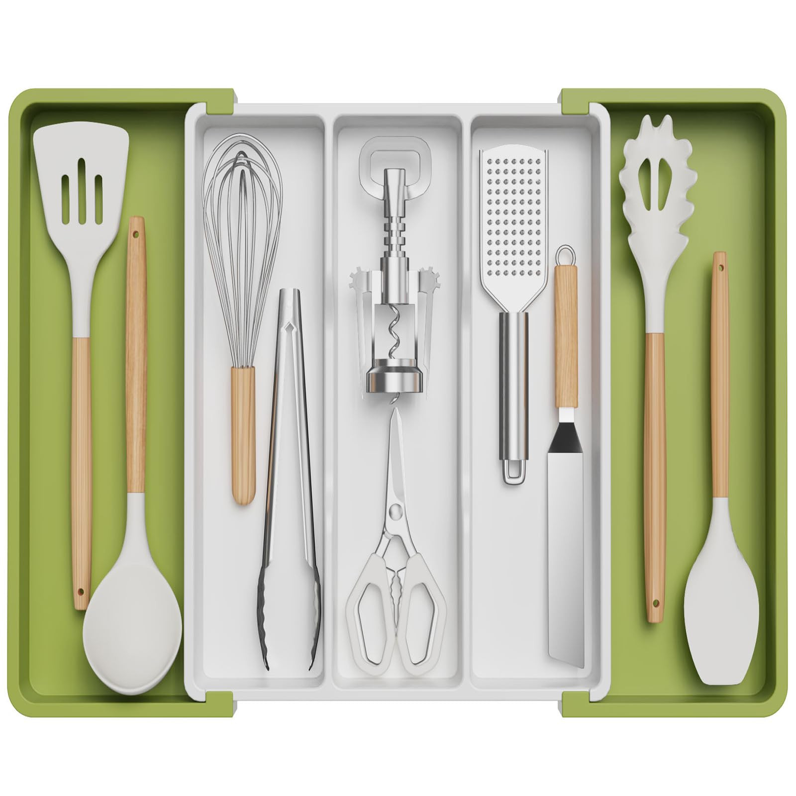 Lifewit Utensil Organizer for Kitchen Drawers, Expandable Cooking Utensil Tray, Adjustable Cutlery Silverware Flatware Holder, Plastic Spatula Tools Storage Divider, 13-22 x 15", Green&White | Amazon (US)