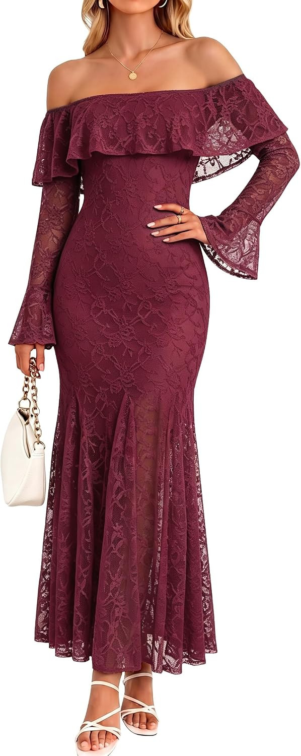 Women's Lace Off Shoulder Long Sleeve Maxi Dress Fall Wedding Guest | Amazon (US)