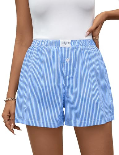 LOMON Womens Boxer Shorts Casual Summer Cotton Pajama Lounge Sleep Pj Pinstriped Shorts Y2K Striped Beach Bottoms (Sky Blue Pinstripe S) | Amazon (US)