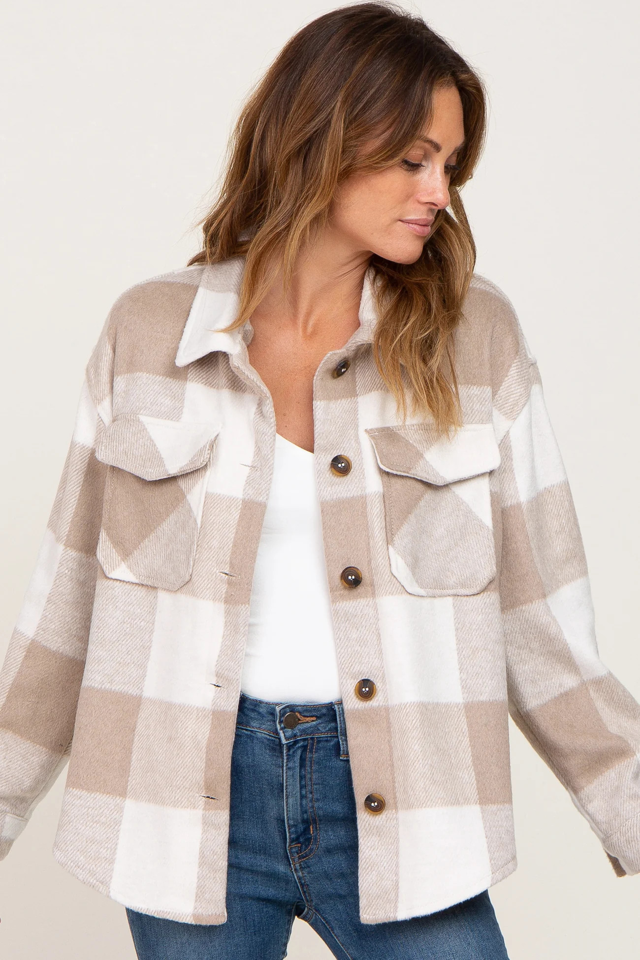 Beige Plaid Knit Shirt Jacket | PinkBlush Maternity