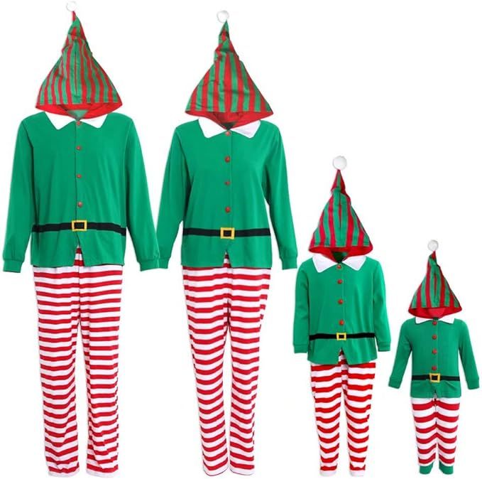 IFFEI Family Matching Christmas Pajamas Set One Piece Striped Hooded Sleepwear Santa Claus Elf Co... | Amazon (US)