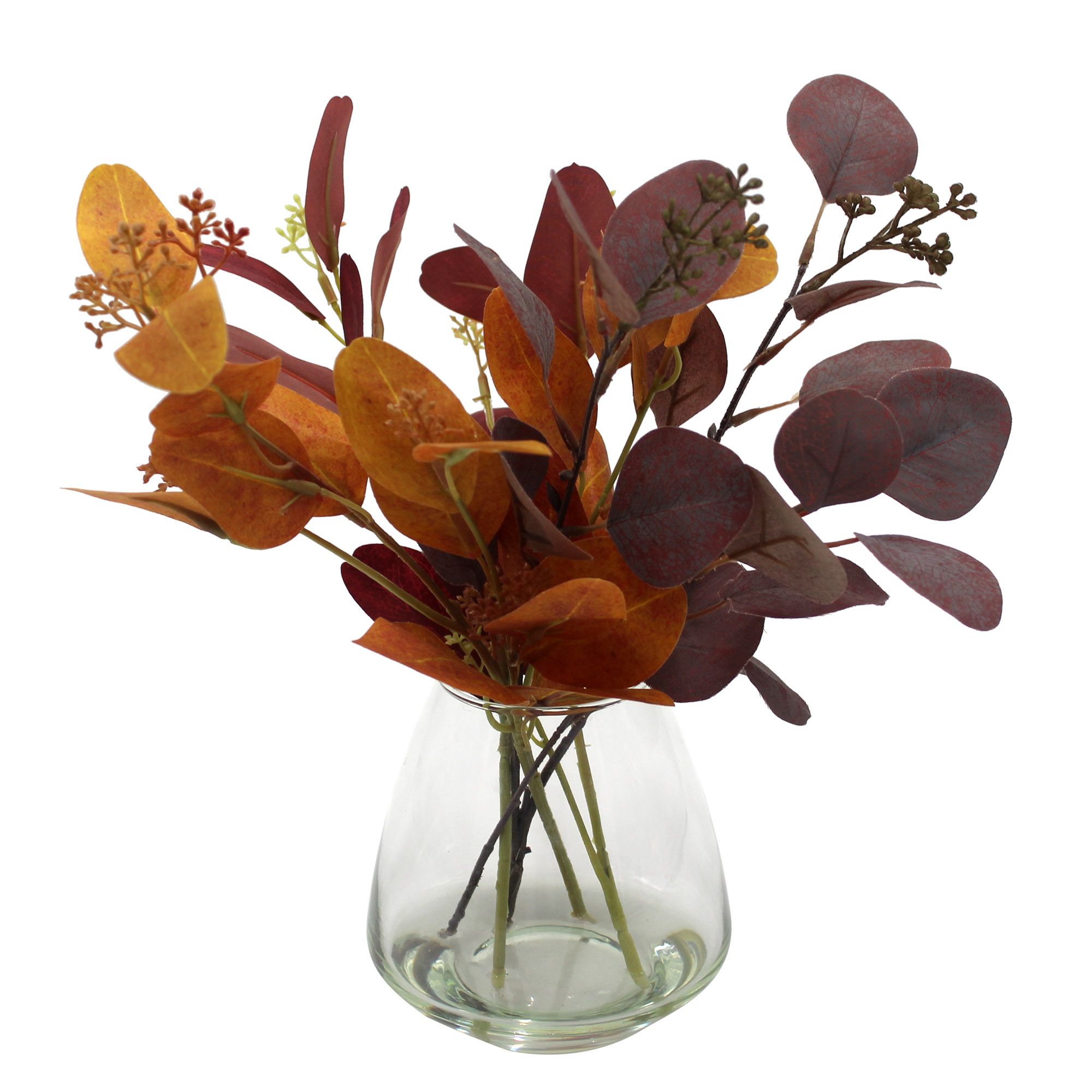 Better Homes & Gardens 12" Artificial Red and Orange Eucalyptus in Blown Glass Vase - Walmart.com | Walmart (US)