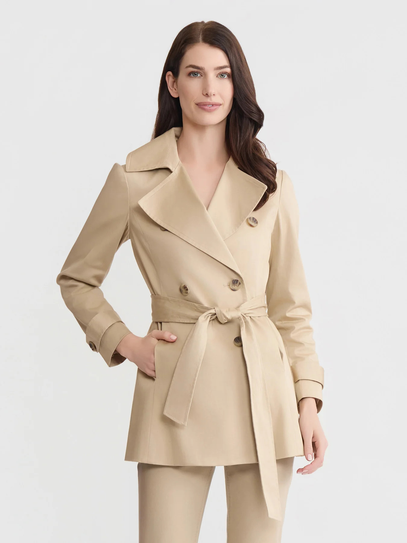 Petite Double Breasted Trench Coat, Stretch Sateen | Jones New York